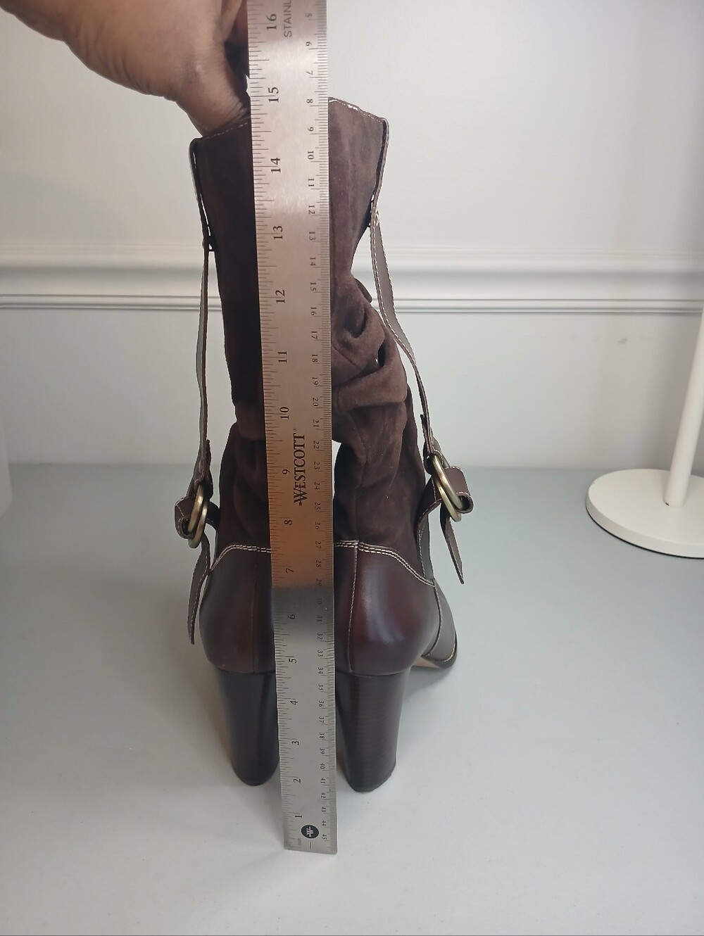 Chocolate Brown Suede & Leather Stacked Heel Mid Calf Boots 10M - Picture 11 of 12